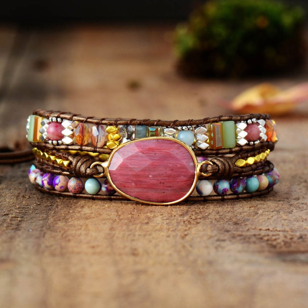 Boho Rhodochrosite Natural Stone Leather Bracelet - Picture 3 of 5